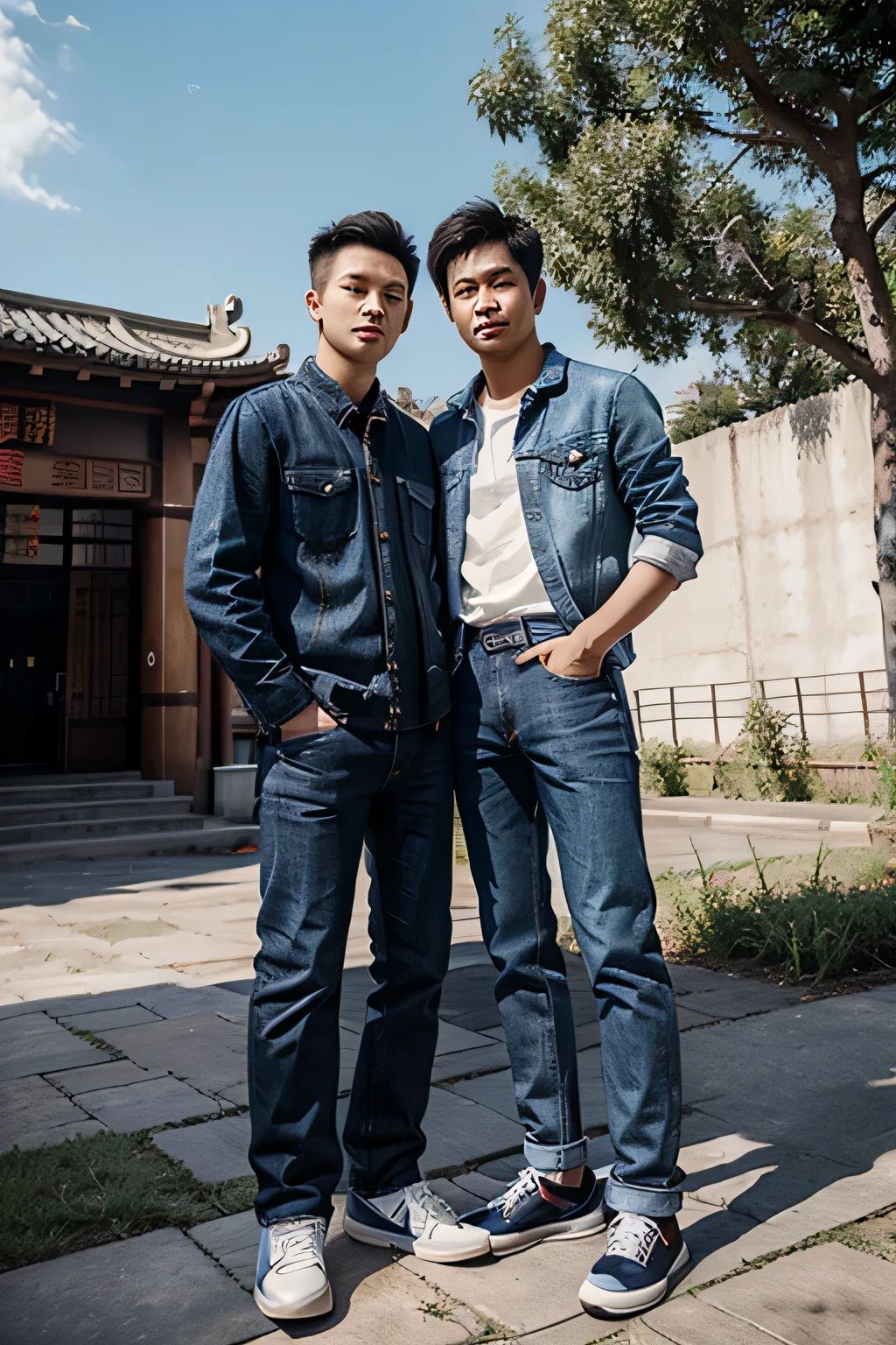 Chinese boy wears dark blue jeans outdoors
