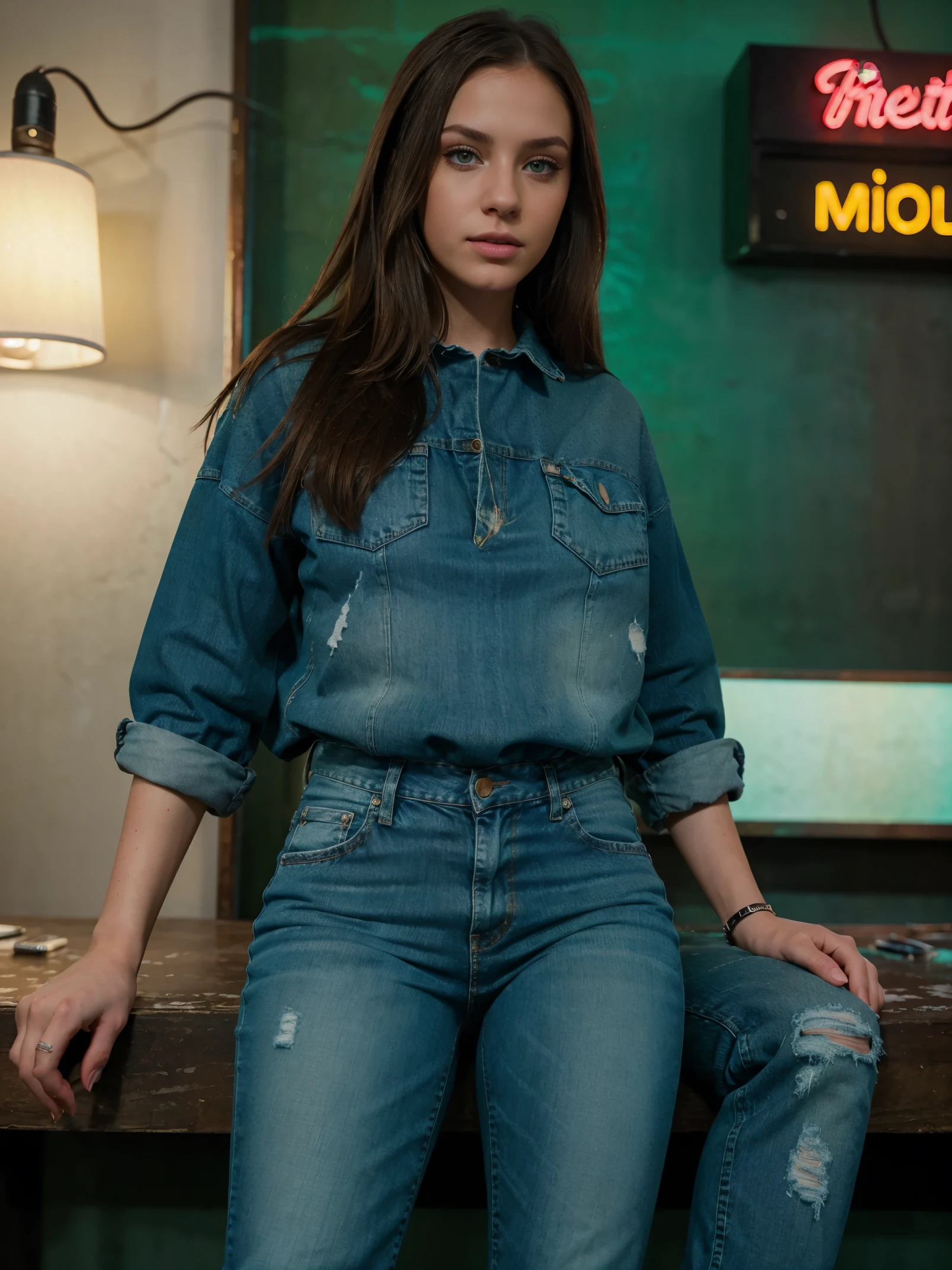 (realistic:1.37),white American female,Instagram influencer,brunette,1 girl,detailed green eyes, sitting in the club,blurred background, neon lights, wearing jeans, wall behind her,medium:painting,ultra-detailed, vibrant colors, vivid lighting,HDR, [cigarette], [alcohol]