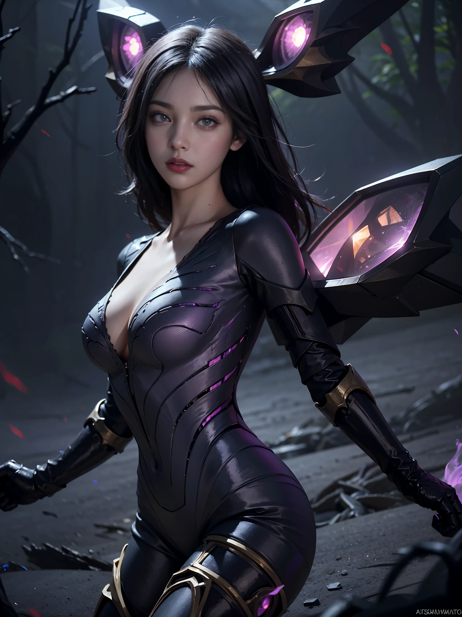 (Gray gloomy background, Dark Forest. Gloomy and hopeless, Dark dramatic lighting, vignette), 1girl, Anthony, League of Legends, control, Purple wings, dark violet hair, violet eyes, serious expression, looking at the audience, (dynamicpose), (Wings of the Void), arma, Masterpiece, extremely detailed CG unity 8k wallpaper, Best Quality, 12), Clear Focus, Aperture, Void Field, A surge of dark magic, gotik, Burnt purple gradient, Magic, Nature, Magic Splash, 3D vector graphics, Fantasy art, watercolor effect, bokeh, hand-drawn, Digital Painting, soft-lighting, isometric style, retro aesthetics, 4k resolution, с Cinema 4D, natural lighting, Cinematic, Masterpiece, Highly detailed, Intricate, Extreme textures, Horror, terrific, Creepy, Scarimok a sense of sophistication and tranquility. Accentuate the low-poly style, The overall aesthetic should be sleek and stylish, which makes it suitable for branding and logo.