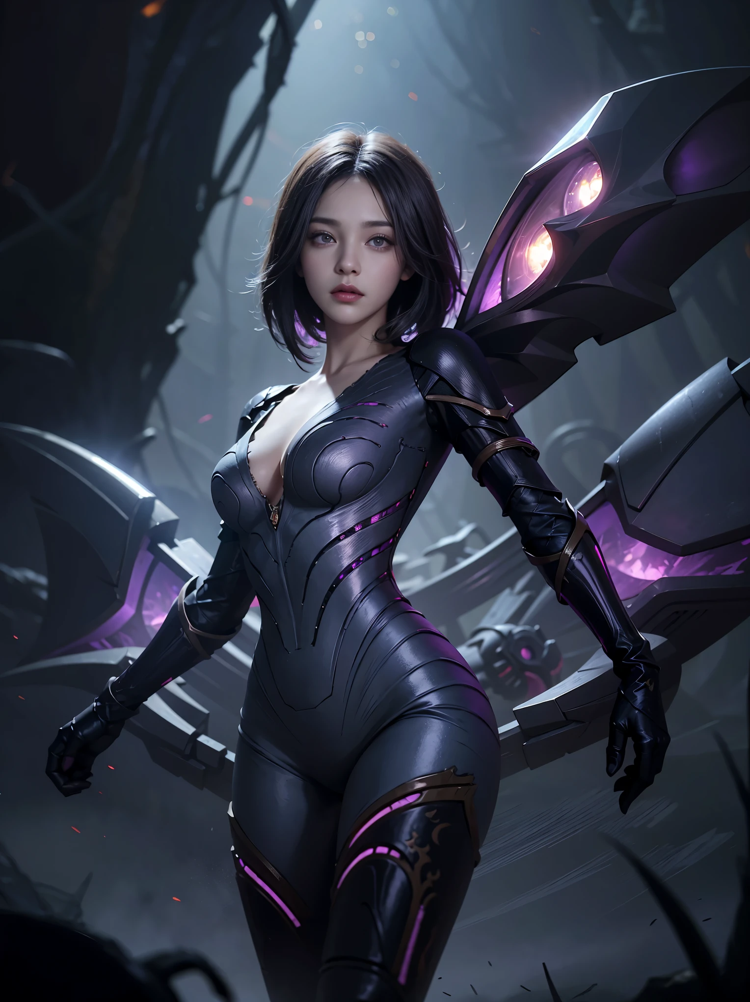(Gray gloomy background, Dark Forest. Gloomy and hopeless, Dark dramatic lighting, vignette), 1girl, Anthony, League of Legends, control, Purple wings, dark violet hair, violet eyes, serious expression, looking at the audience, (dynamicpose), (Wings of the Void), arma, Masterpiece, extremely detailed CG unity 8k wallpaper, Best Quality, 12), Clear Focus, Aperture, Void Field, A surge of dark magic, gotik, Burnt purple gradient, Magic, Nature, Magic Splash, 3D vector graphics, Fantasy art, watercolor effect, bokeh, hand-drawn, Digital Painting, soft-lighting, isometric style, retro aesthetics, 4k resolution, с Cinema 4D, natural lighting, Cinematic, Masterpiece, Highly detailed, Intricate, Extreme textures, Horror, terrific, Creepy, Scarimok a sense of sophistication and tranquility. Accentuate the low-poly style, The overall aesthetic should be sleek and stylish, which makes it suitable for branding and logo.