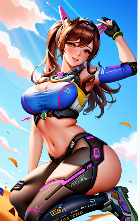 obra maestra, Mejor calidad, high resolution, 1 chica, Super high resolution, Solo, Mechanical pilot, D.va, auriculares, ojos rosados, Medias azules, By the chestnut, guantes blancos, Gato hace Adornament,