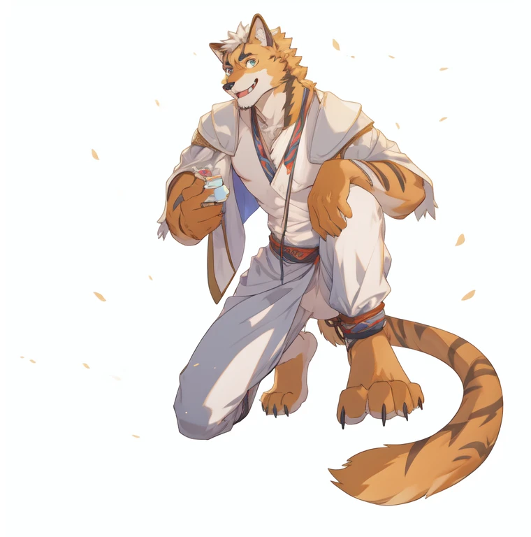 depth of field, perfect lighting, light particles,(best quality),(masterpiece),(ultra deTailed),sharp focus,light particles, deTailed Eye, blush, Brown_Eye, watching_exist_audience, Smile, alone, hairy, animal_ear_fluff, Open_clothing, exposed_胸口双臂放exist胸口, Upper body, Tail, Hanfu, Chinaclothing, Sunlight, Tree, Open mouth, from below, 双臂放exist胸口, male, 1 boy