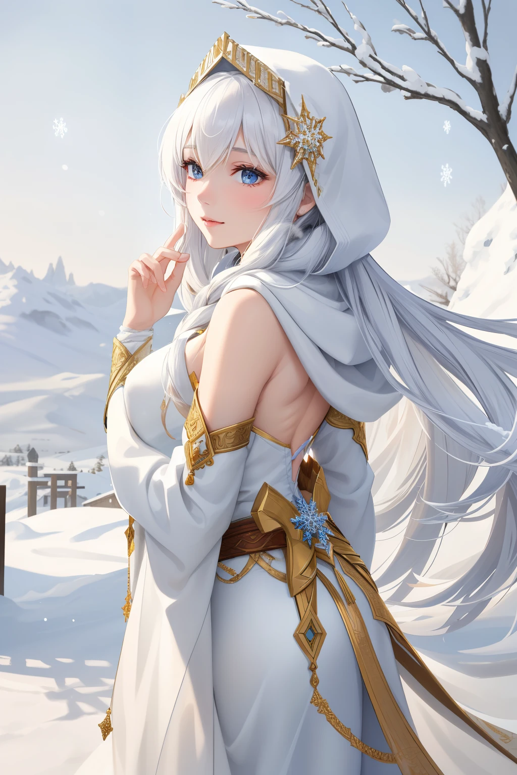 In the tranquil winter scene, a gentle woman clad in pristine white attire stands amidst the untouched snow. Her eyes, gleaming with warmth and love, gaze back at the observer, inviting a sense of peace and serenity. The sunlight casts gentle, golden hues upon her delicate features, catching the snowflakes that softly dance around her face. Her long, wavy hair cascades down her back, shielded by the hood of her cloak. The scene is rendered in exquisite detail, the woman's features showing an almost hyper-realistic, sharp focus. The snowflakes shimmer in the sunlight, creating an intricate, mesmerizing back