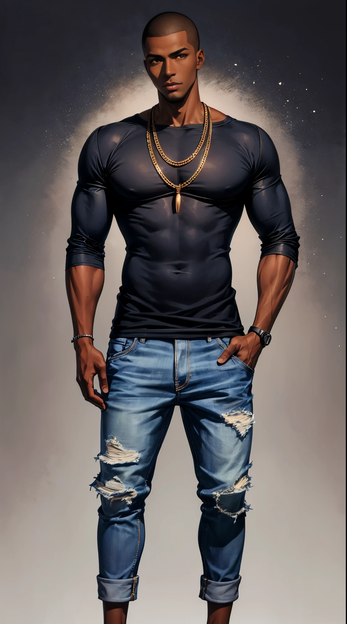 (best quality:1.1),original, 1man,  A handsome man with dark skin, African American man with natural hair, short hair, buzzcut, ebony nose, broad shoulders, tall, masculine, baggy urban clothes and demin jeans, cartoon，anime illustrations, style is abstract beauty, Sundaratang, charming character illustrations, folklore  --ar 2:3 --v 6.0 