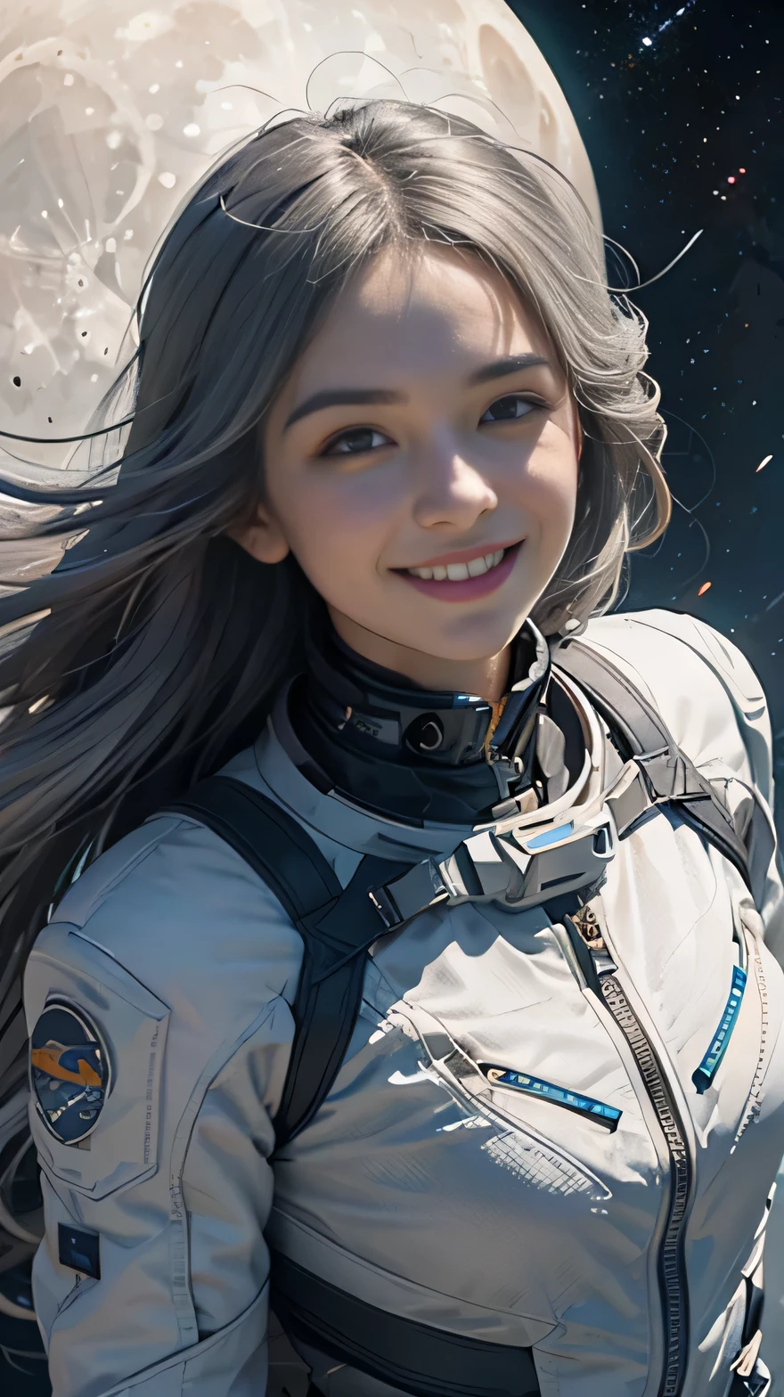 arafed image of a woman in white space suit, gray hair, messy hair, instagram, happening, smiling down from above, looking up at camera, floating in mid - air, floating in the space, face looking skyward, floating in zero gravity, moon in background, upper body, floating in space, gray hair