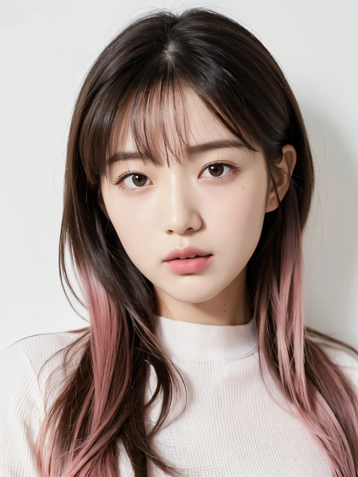 ((White long-sleeved top))、(背景にwhite wall、Part of her hair is pink:1.4)、white wall、Taken in front of the white door、(窓のあるwhite wallの部屋)、((highest quality、8K、masterpiece:1.3))、ultra high resolution、(photorealistic:1.4)、raw photos、Japanese,(details face)、real、Shot in natural light、Highly detailed face and skin texture、highly detailed lips、correct state of the human body、medium hair、black hair、various poses、natural color lip、Don't look at the camera