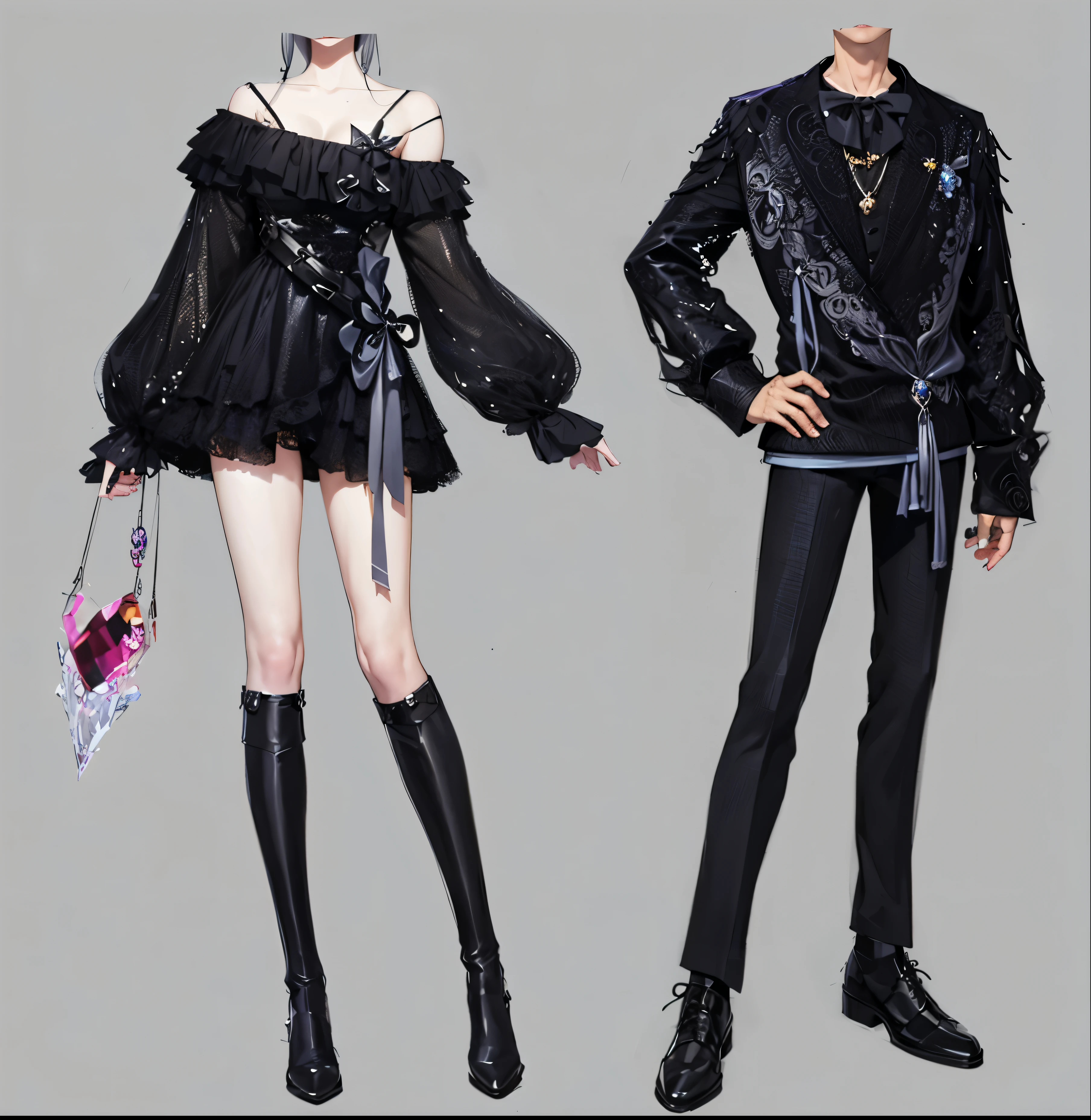 Anime style rendering of woman in black dress and man in black suit, SleekDesign, Very detailed and rich costumes, Moon-themed costumes, fashion concept art, Astral Witch Clothes, fantasyoutfit, Detailed clothes, full body xianxia, Fantasy style clothing, SleekDesigns, Sensual gloomy style, intertwined full body view, Style Games Square Enix
