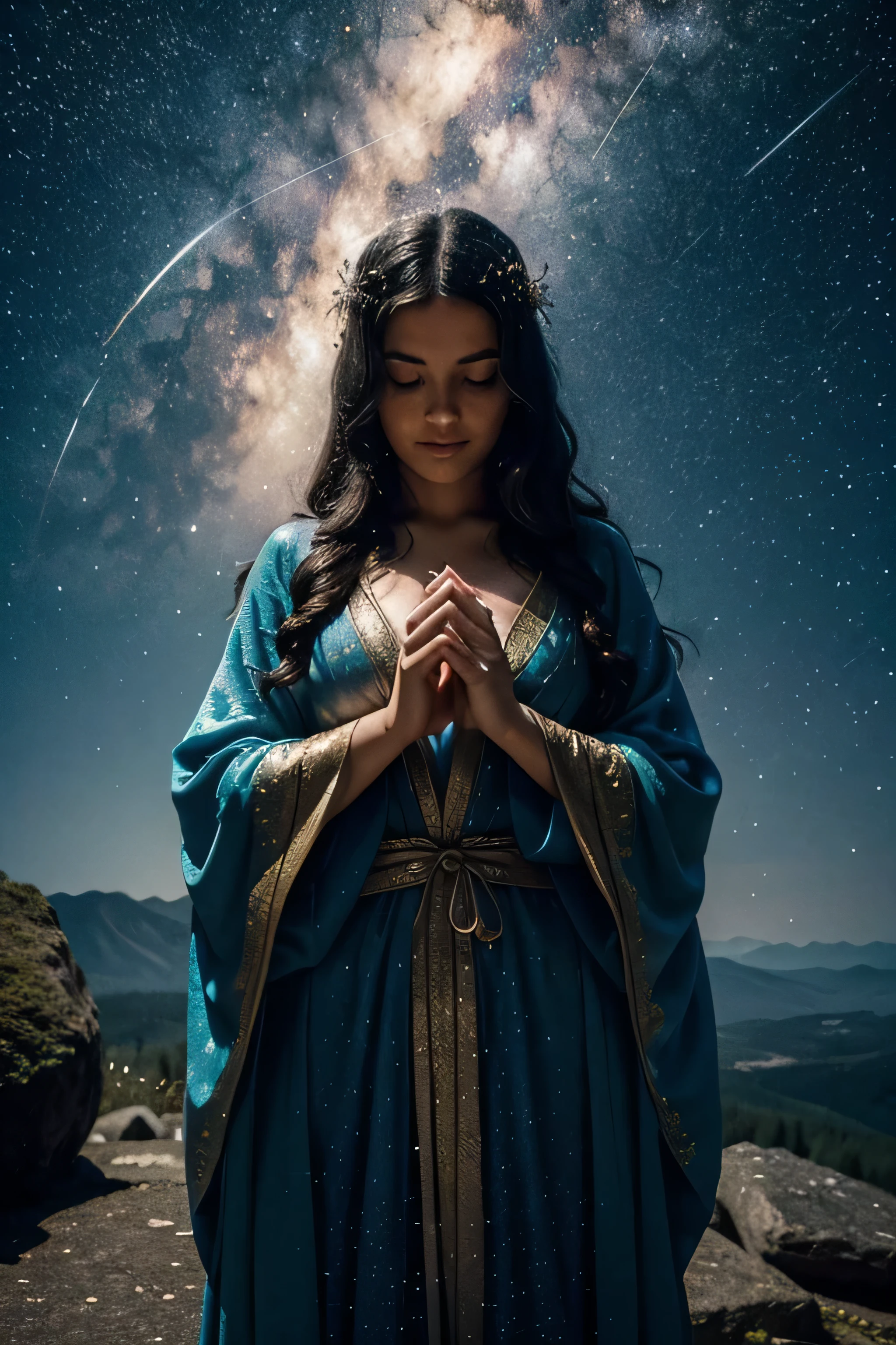 I want to wear a fancy robe covered in stars and dispense confusing and ambiguous advice to passing travelers from a large stone cottage on the edge of the woods, a beautiful woman with flowing robes, looking at the camera, all around covered in star light