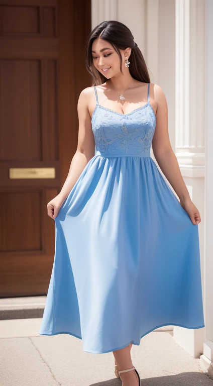 A $10 dress made of a high-quality fabric, perfectly tailored to fit. The dress features a vibrant blue color that stands out against any backdrop. The design is simple yet elegant, with a straight neckline and a flowing skirt that falls just above the knees. The fabric drapes beautifully, accentuating the wearer's figure. The dress is adorned with delicate floral embroidery along the hemline, adding an exquisite touch to its overall appearance. Its ultra-high resolution showcases every intricate detail, capturing the photorealistic essence of the dress. This masterpiece of affordable fashion is a true testament to the incredible craftsmanship behind it. Whether worn for a casual outing or dressed up for a special occasion, this $10 dress is an incomparable treasure that brings both style and