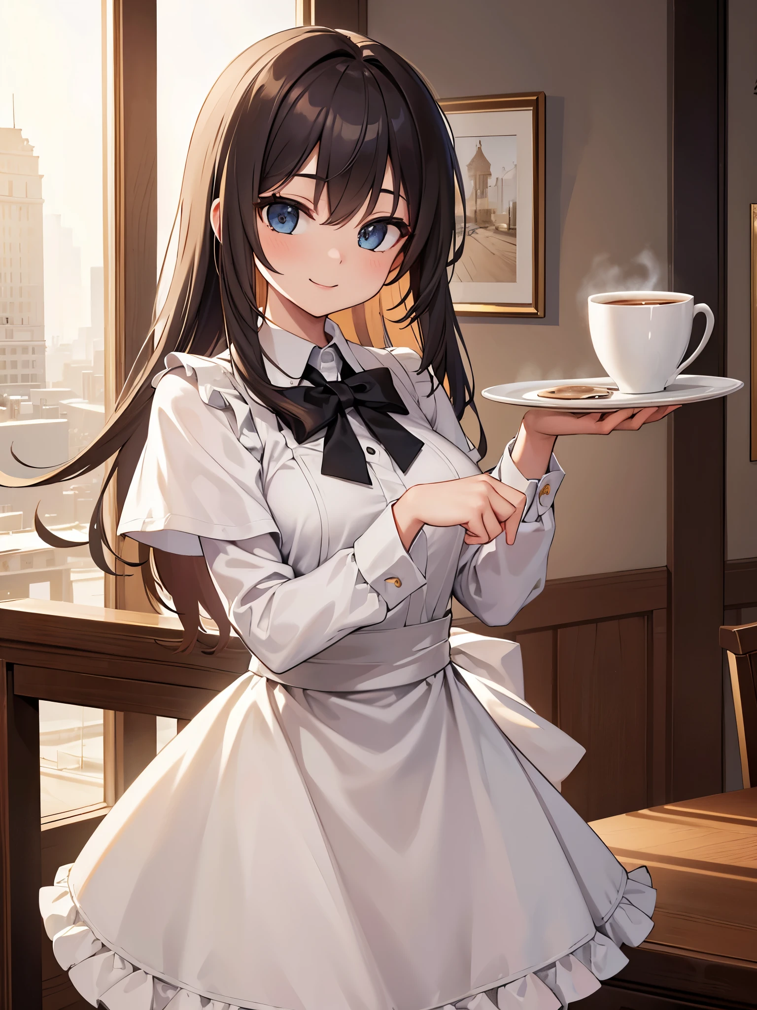 (masterpiece:1.2), best quality, high resolution, unity 8k wallpape, perfect lighting, extremely detailed CG, SFW
cafe, a cup of cofee, waiter, smile
