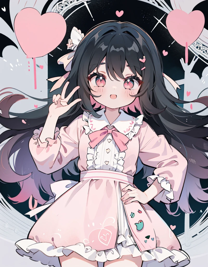 azhiichigo style,big eyes, dense lines, Cute,,Uekla.Khoiko,,Upper body,.\(style\):Kawaii style,,..\(composition\):\1 girl in,,..\(appearance\): Subsequence,Naughty face,smile,Wavy hair,Dark hair,crimson eye,..\(Cloth\):,(Cloth with a lot of frills, Lace and ribbon:1.2),(Pastel Color style:1.1),put your hands on your hips,cheeky face,белая и розовая Cloth,white and pink shoes,,..\(Behaviour\):,..\(Location\): (Surround,Heart shaped gemstones, Star Heart),,..\(Quality\): Лучшее Quality,table,,.,