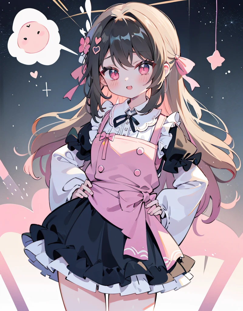 azhiichigo style，big eyes, dense lines, Cute,,Uekla.Khoiko,,Upper body,.\(style\):Kawaii style,,..\(composition\):\1 girl in,,..\(appearance\): Subsequence,Naughty face,smile,Wavy hair,Dark hair,crimson eye,..\(Cloth\):,(Cloth with a lot of frills, Lace and ribbon:1.2),(Pastel Color style:1.1),put your hands on your hips,cheeky face,белая и розовая Cloth,white and pink shoes,,..\(Behaviour\):,..\(Location\): (Surround,Heart shaped gemstones, Star Heart),,..\(Quality\): Лучшее Quality,table,,.,
