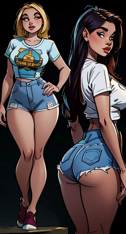 duas mulheres de short curto e camiseta posando para uma foto, corpo perfeito fotorrealista, becomes a curvy physique, pernas grossas, usando shorts, figura completa hiperrealista, coxas grossas, jeans azul. Irreal 5, fofosexyrobutts, shorts de saque, modelagem para doce e gabanna, cintura fina e quadris grossos, coisas grossas