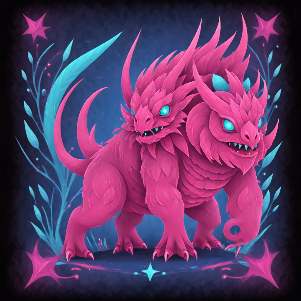 A Vivid pink and blue digital creature conversion into something all together new, in card art style