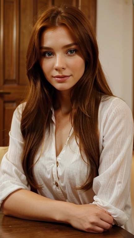 A gorgeous, pretty, shiny, kind-hearted, warm-hearted, sweet, polite, sensitive, friendly, charming, stylish, ginger long haired russian woman