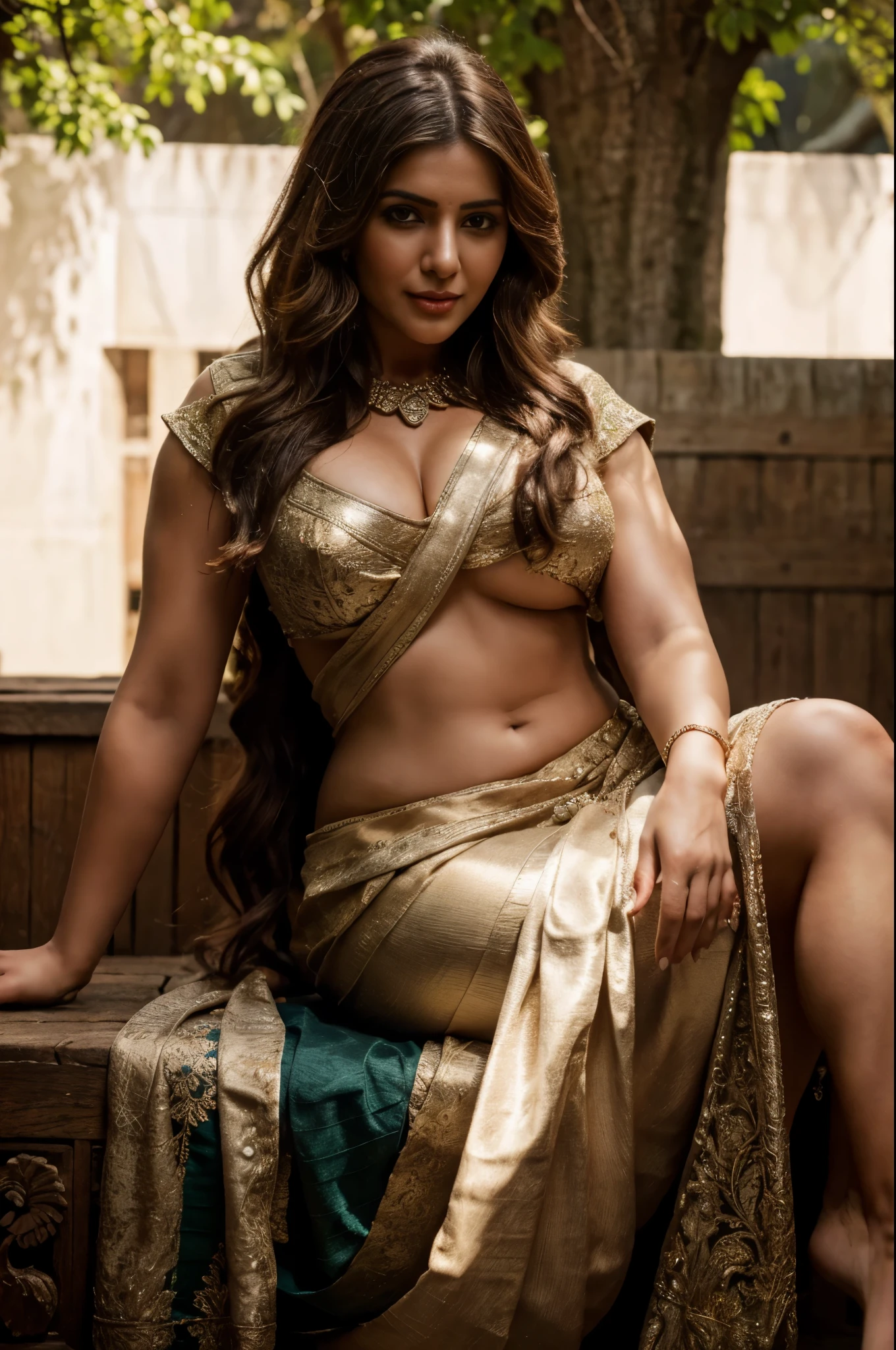 Nsfw. walking in a moonlit courtyard, forest background, mythical forest, huge trees, exotic girl, indian, vivacious, looking at the viewer, shining skin, perfect lighting, the embodiment of grace and elegance, provocative pose, smiling seductively, (saree and jewelry), Big breasts, curvy ass, clear curvy details, beautiful curves, detailed eyes, detailed pupil, long shining hair, volumetric lighting, Ultra Detailed, unity 8k wallpaper, ultra detailed, aesthetic, masterpiece, best quality, photorealistic