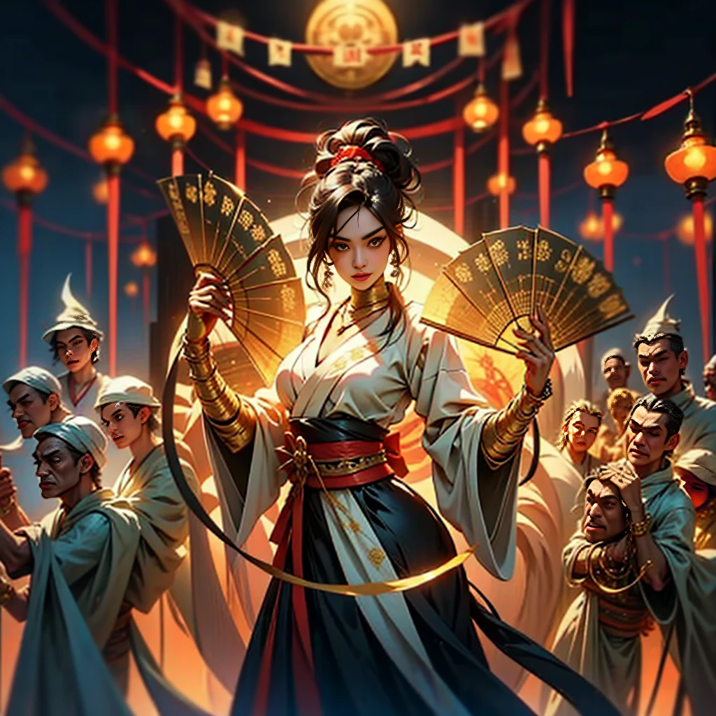 Queen, beautiful, necklace, black hair in 1 top knot,2 hair pins,sexy, design on clothes,milf,design on clothes,milf,form fitting kimono type clothes,plain kimono, red-mehroon fans, gold patterns,high quality,8k, slight smile, villainess , bandaged hands, red kimono:1.4, red black outfit with gold highlights, blank background