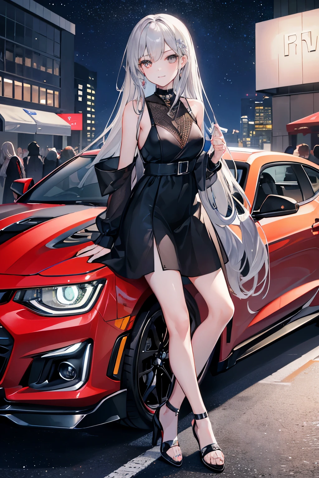 1 girl, long shiny silver hair, Fashionable dresses, summer, night, starry sky,parking, Chevrolet Camaro ZL1 Black Red, Birthday Gifts, Girls are happy, smile, 8K, super sharp, masterpiece, looking at the viewer, The car the girl is leaning against is 10 feet away