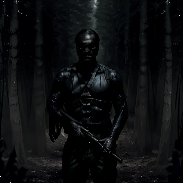 36 year old man. Warrior stands tall in the midst of a dark and foreboding forest, his black clothes blending seamlessly with the shadows. His face is barely visible, but their piercing gaze and the glint of a massive sniper rifle in his hands make it clear that they are a force to be reckoned with.