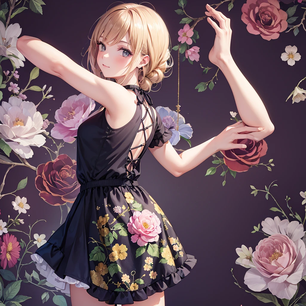 1 girl, Beautiful, pose, repeating floral pattern in jewel tones