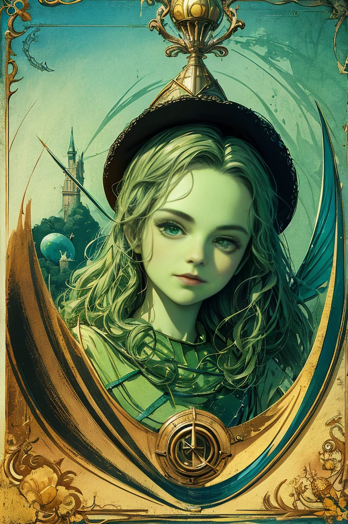 (masterpiece, Best quality), 8K wallpaper, very detailed, poster, The Wizard of Oz, Oz the Great and Powerful Wizard, green skin, flying broom, Form, lines, abstract, propaganda, fantasy film, bauhaus, movie poster, Vintage, low angle shot,