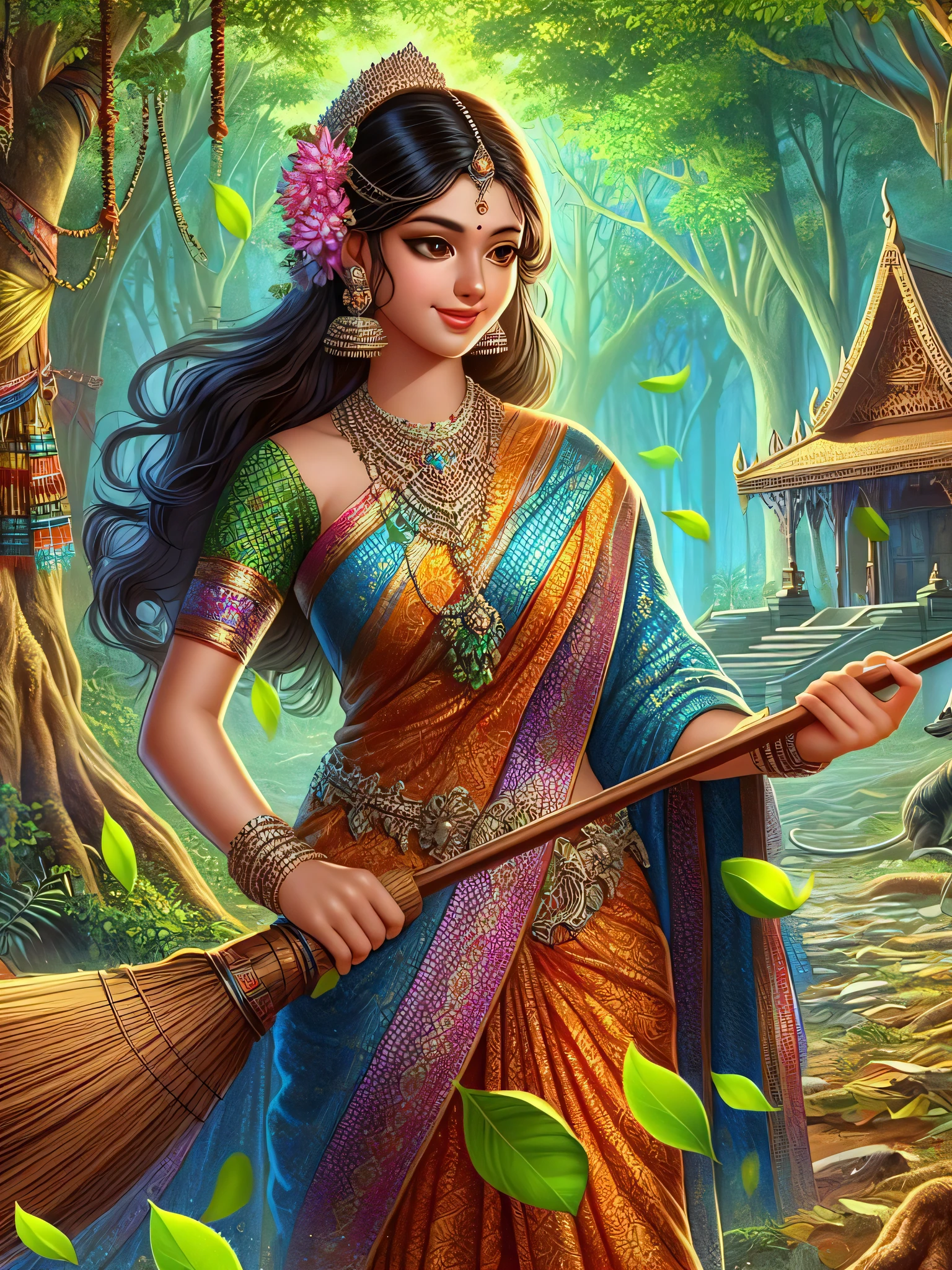 a painting of a woman in a colorful sari holding a broom, indian goddess of wealth, indian goddess, beautiful character painting, goddess of nature, detailed painting 4 k, goddess. extremely high detail, a beautiful artwork illustration, beautiful avatar pictures, tithi luadthong, nature goddess, forest hunter lady, goddess of the forest, beautiful fantasy art, earth goddess mythology