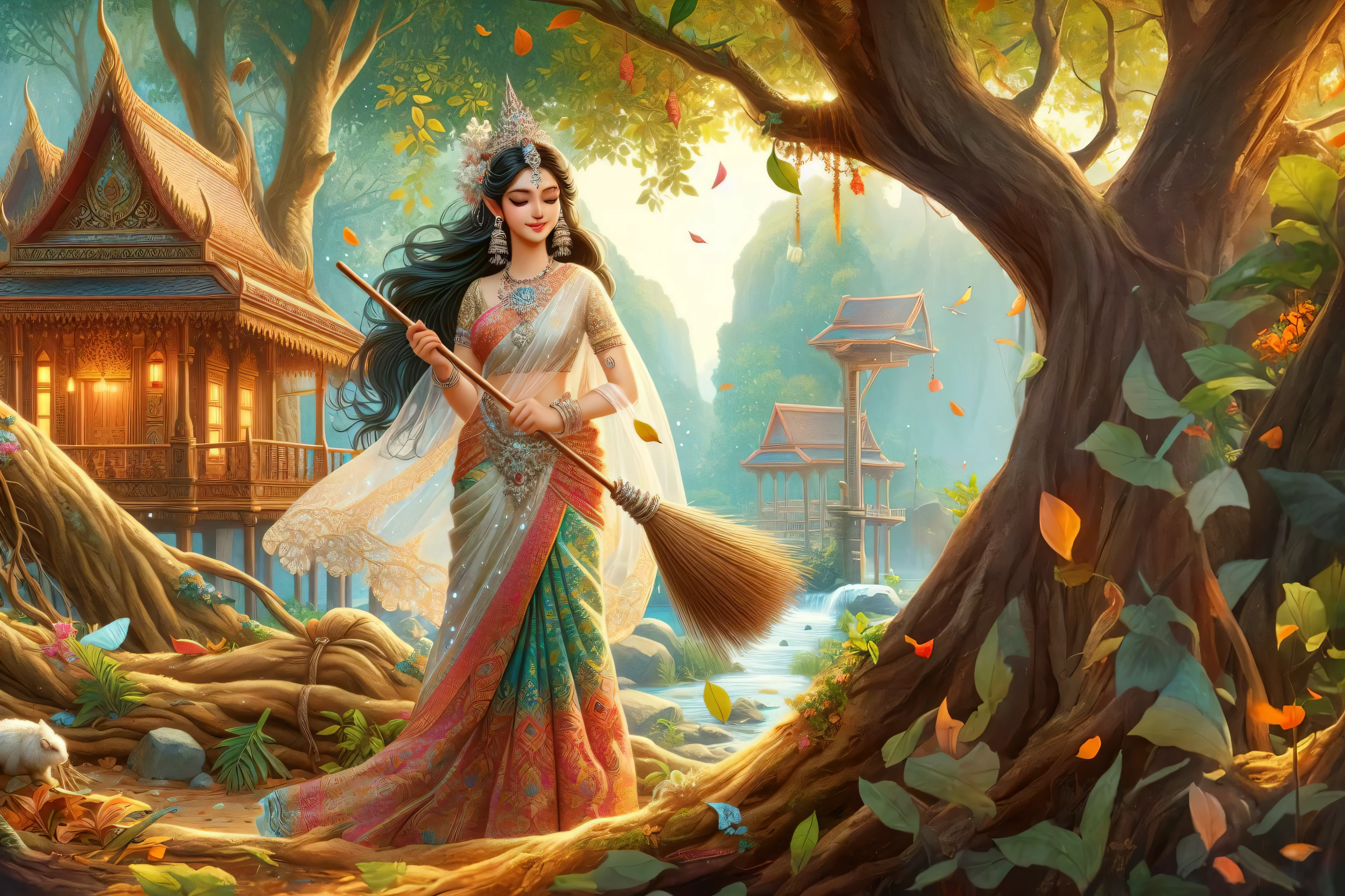 a painting of a woman in a traditional indian dress holding a broom, tithi luadthong, beautiful fantasy art, a beautiful fantasy empress, a beautiful artwork illustration, very beautiful fantasy art, beautiful fantasy maiden, the goddess of autumn harvest, beautiful maiden, thailand art, nivanh chanthara, beautiful fantasy painting, beautiful goddess, beautiful character painting