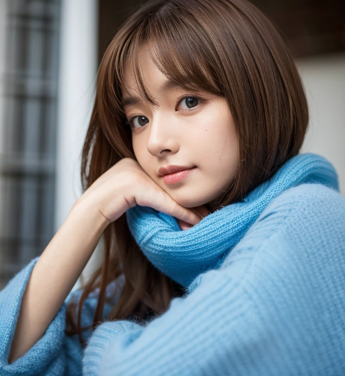 cloth is blue, brown hair