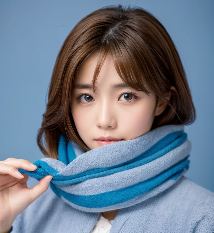 cloth is blue, brown hair