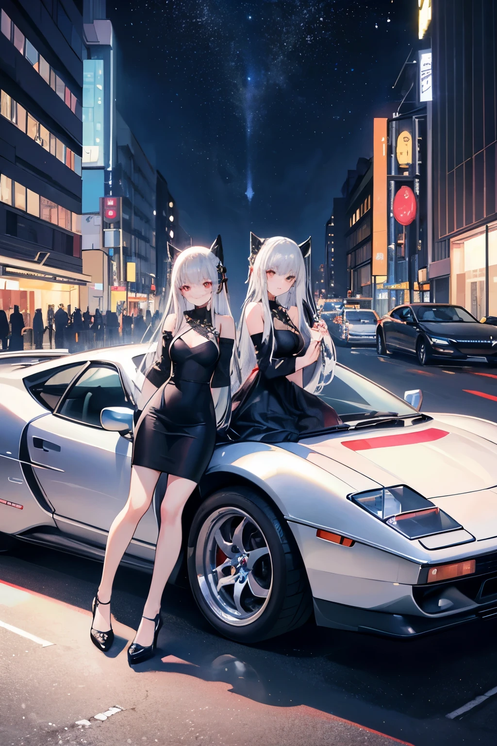 1 girl, long shiny silver hair, Fashionable dresses, summer, night, starry sky，parking, de tomaso pantera black red, Birthday Gifts, Girls are happy, smile, 8K, super sharp, masterpiece, looking at the viewer, The car the girl is leaning against is 10 feet away