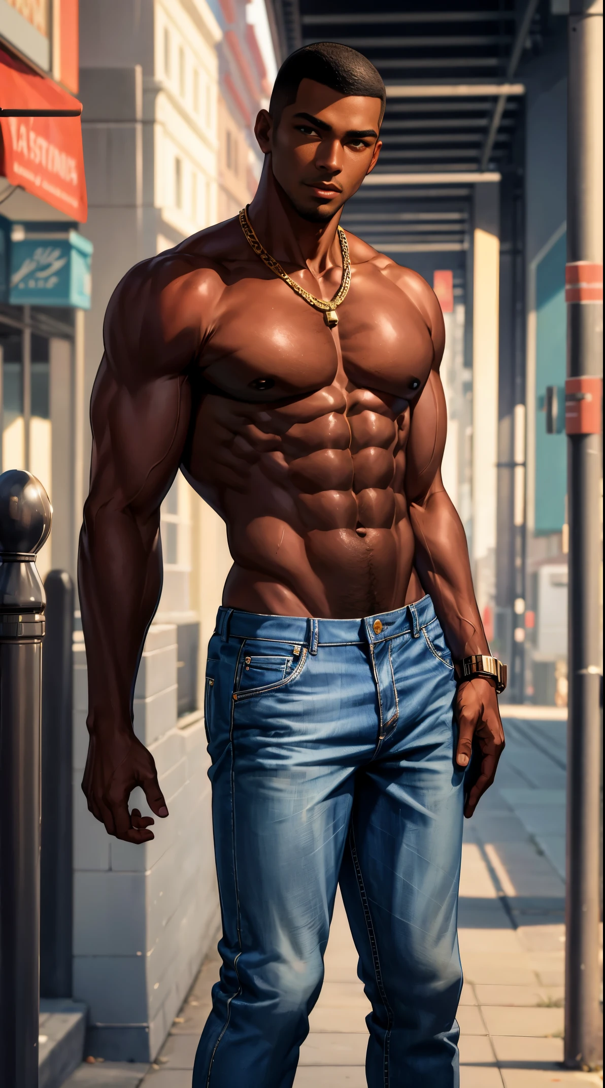(best quality:1.1),original, 1man, A handsome man with dark skin, African American man with natural hair, short hair, buzzcut, ebony nose, broad shoulders, tall, masculine, baggy urban clothes and demin jeans, cartoon,anime illustrations, style is abstract beauty, Sundaratang, charming character illustrations, folklore --ar 2:3 --v 6.0