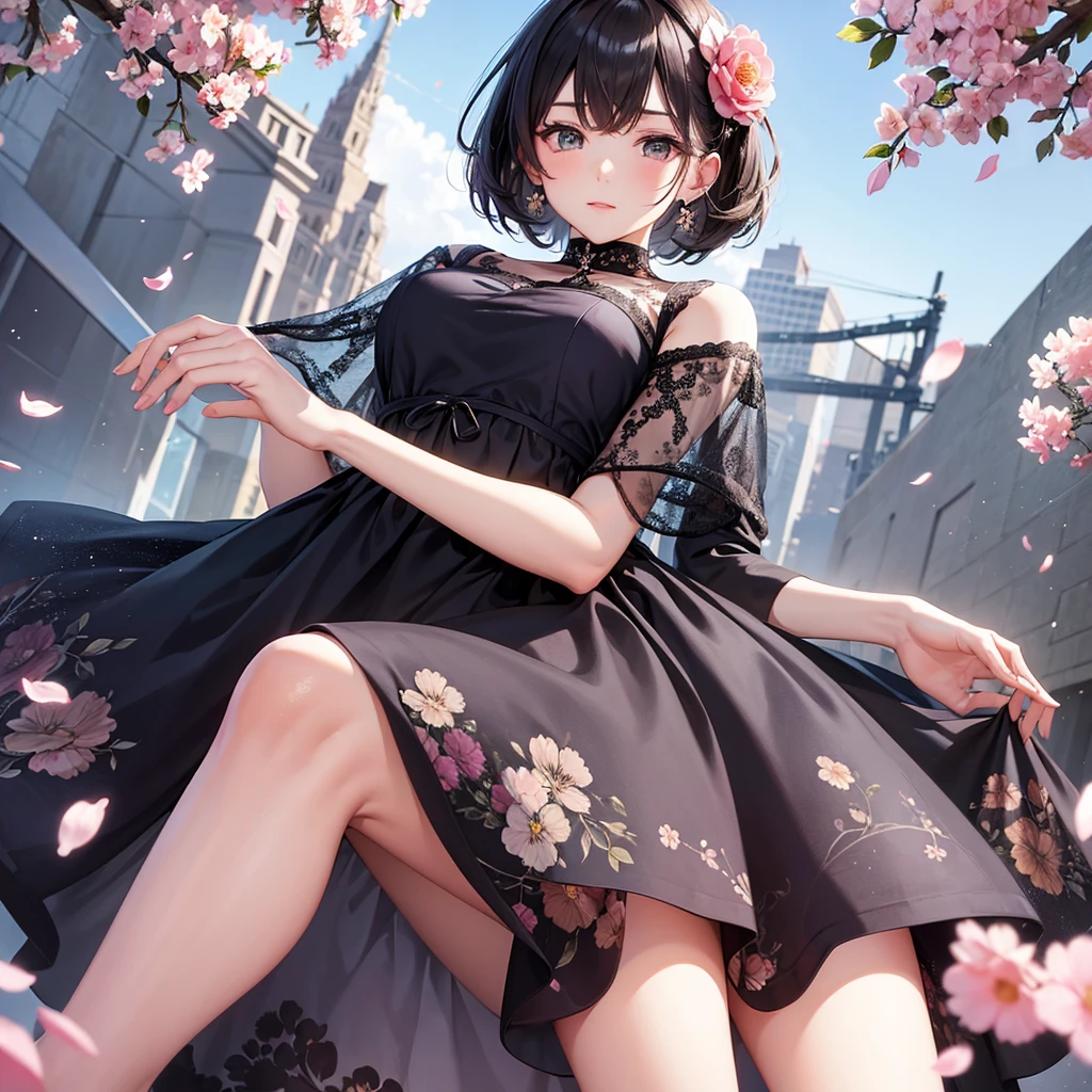 beatiful pose, floral pattern dress