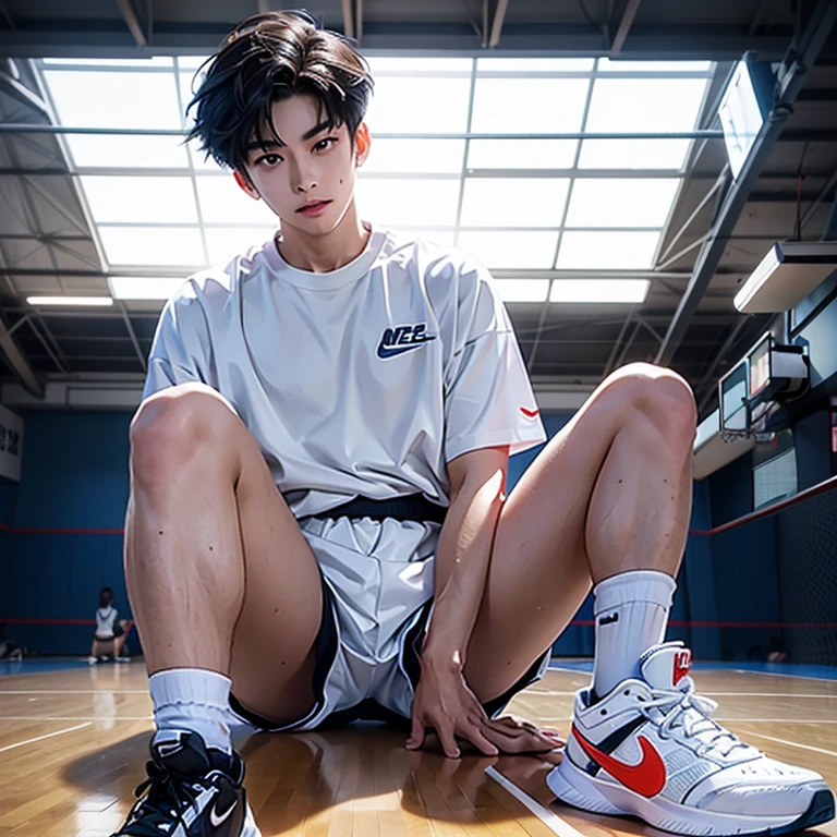 1 Korean young man，male，20 years old，Hair is medium length，Is dribbling in the crotch，White Nike socks，The background is a basketball court，Badass anime 8K，Cold，Handsome，POV perspective，looking at camera