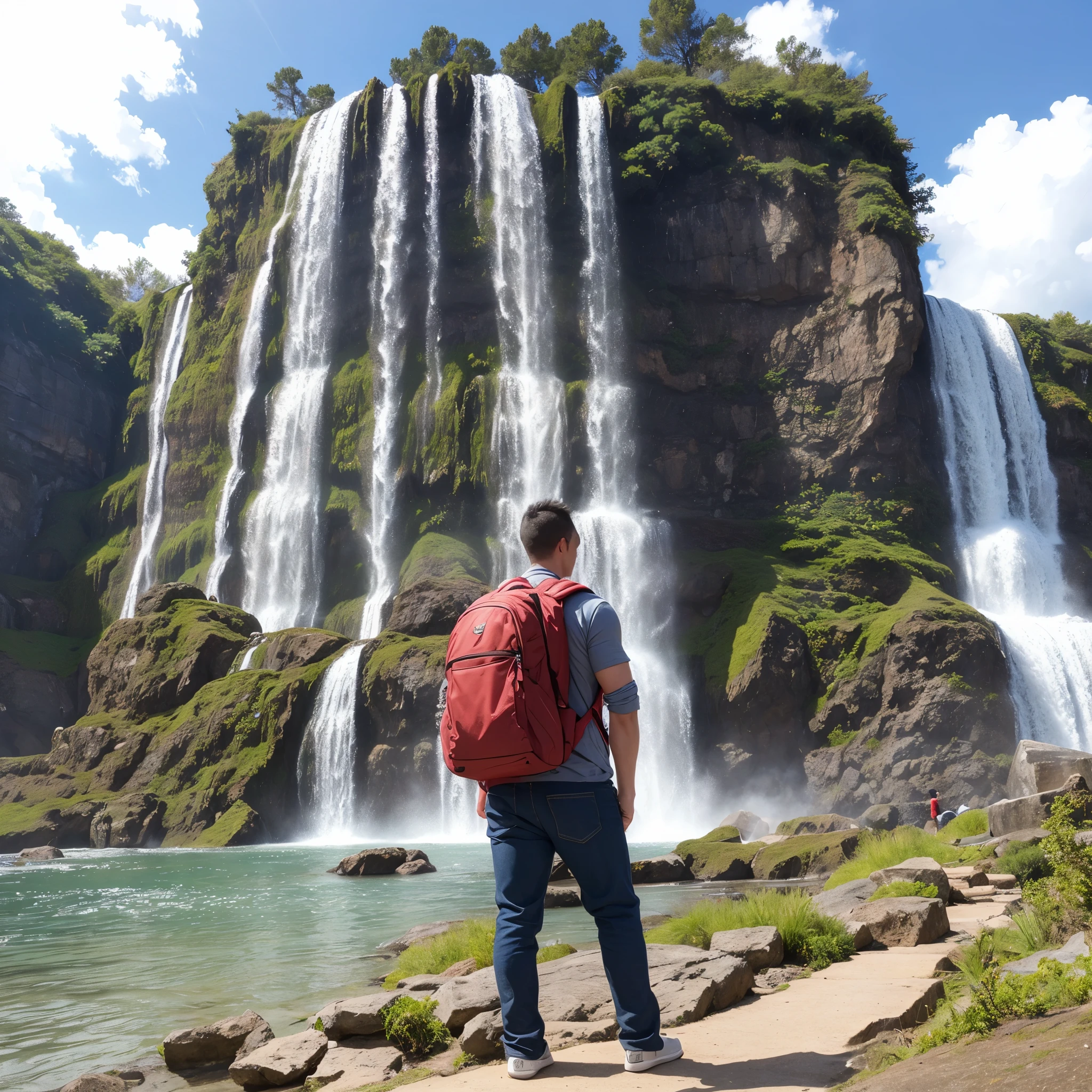 arafed man standing in front of a waterfall with a backpack, standing in front of a waterfall, standing in a waterfall, standing close to waterfall, waterfall in background, Next to the waterfall, Standing inside the waterfall, There is a waterfall, There is a waterfall, waterfall in background, 在一个There is a waterfall的山洞里, waterfall background, standing in a grotto