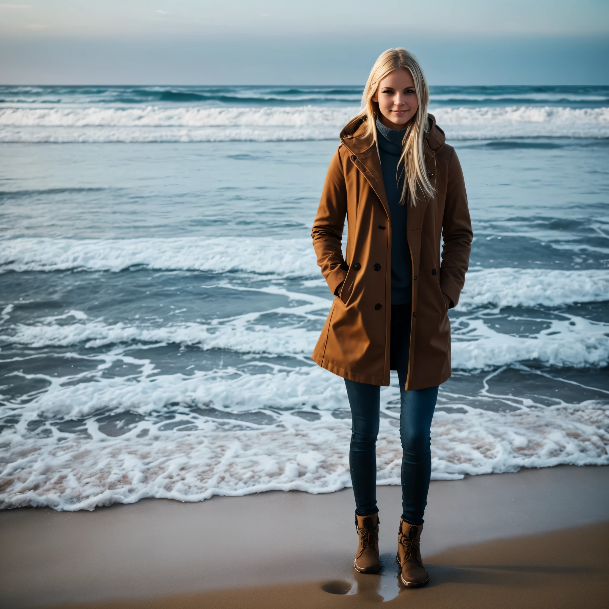 A full length photo of a young blond woman in the early cold winter morning on a beach
