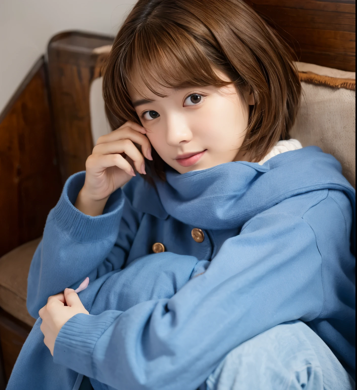 cloth is blue, brown hair