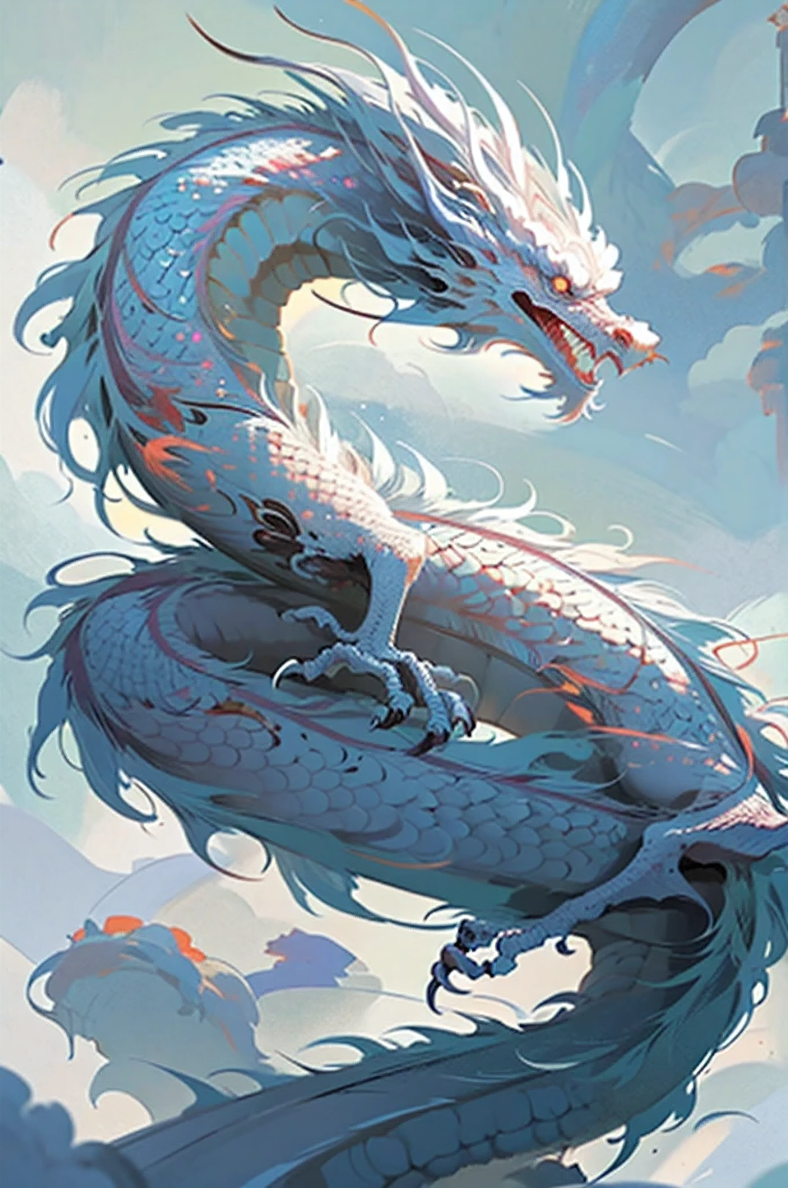 White Chinese dragon，simple color，Chinese style，illustration，Abstractionism，masterpiece，best picture quality，higher quality，high detail，ultra high resolution，medium shot，rim light，ambientlighting，Side backlight，Flowers scattered on the dragon&#39;Came back，Gray and white dragon，pure white background