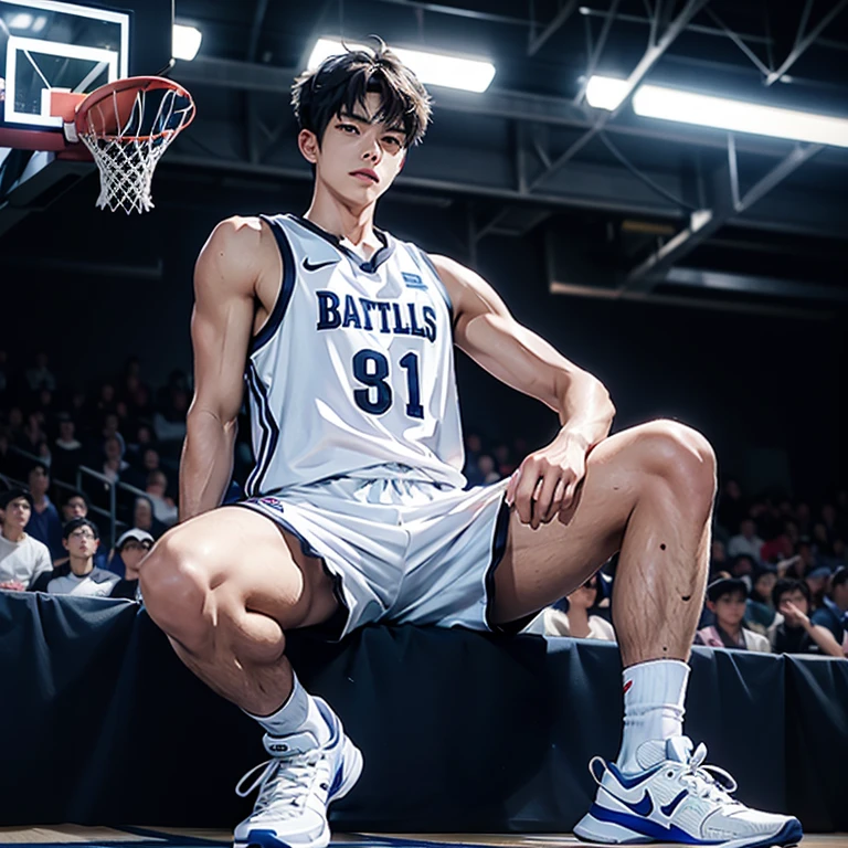 1 Korean young man,male,20 years old,Hair is medium length,Is dribbling in the crotch,White Nike socks,The background is a basketball court,Badass anime 8K,Cold,Handsome,Looking up,looking at camera