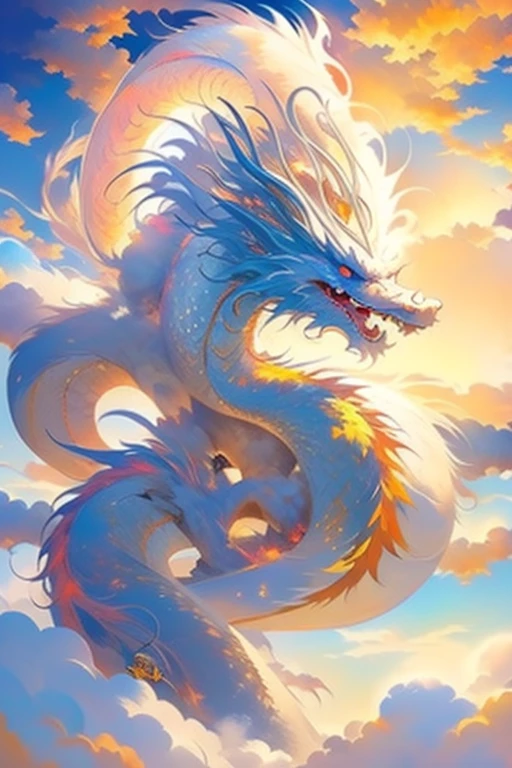 White Dragon,above the clouds,Fire and sun on background,Fantastic