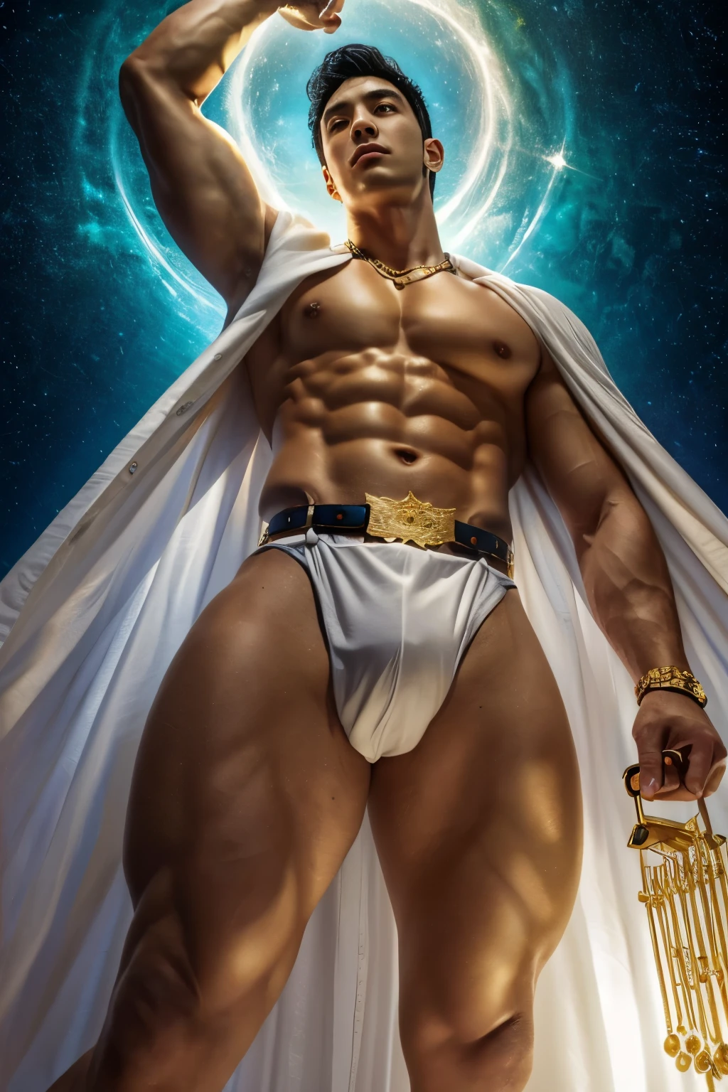 A muscular Korean man is in a wonderland, 20yo, Lleva un rico blanco como la nieve (capa de piel en hombros y espalda) con una pila muy larga, bajo el cual se ve su cuerpo extremadamente musculoso, The emphasis is on the male body. Sobre su cabeza hay un halo rodeado por una nube blanca y una luz sagrada dorada, (Its body is adorned with gold chains with precious stones, Anillos para los dedos), (A heavy belt with a band of gold underwear with sparkling gemstones). Entrepierna voluptuosa. Tiene el pelo corto y negro con las sienes afeitadas y grandes ojos verdes expresivos. Un reloj marca a lo lejos. This scene looks like something out of the realm of fantasy or legend seen from above