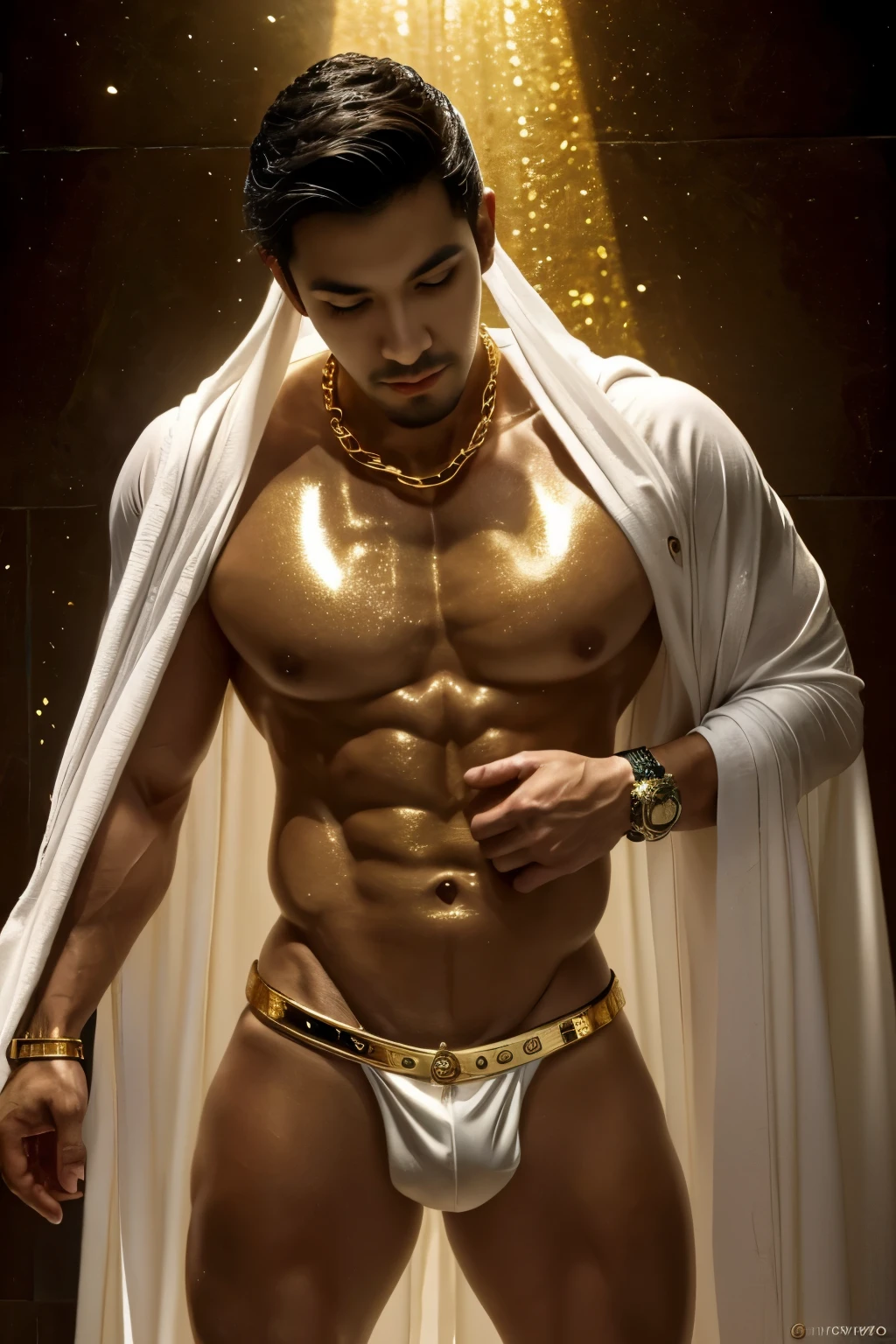 A muscular Korean man is in a wonderland, 20yo, Lleva un rico blanco como la nieve (capa de piel en hombros y espalda) con una pila muy larga, bajo el cual se ve su cuerpo extremadamente musculoso, The emphasis is on the male body. Sobre su cabeza hay un halo rodeado por una nube blanca y una luz sagrada dorada, (Its body is adorned with gold chains with precious stones, Anillos para los dedos), (A heavy belt with a band of gold underwear with sparkling gemstones). Entrepierna voluptuosa. Tiene el pelo corto y negro con las sienes afeitadas y grandes ojos verdes expresivos. Un reloj marca a lo lejos. This scene looks like something out of the realm of fantasy or legend seen from above