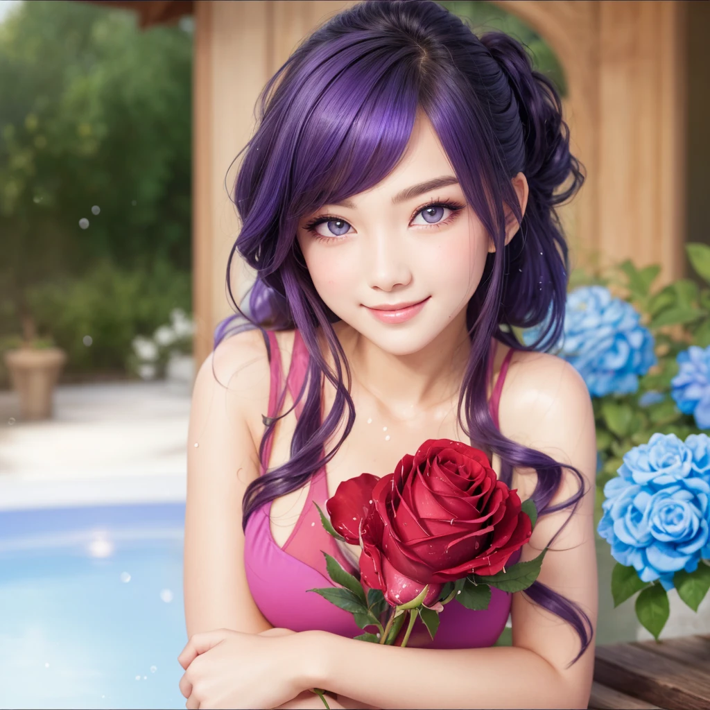 Best image quality, outstanding detail, ultra high resolution, (realism: 0), best illustration, prefer details, highly condensed 1girl, delicate and beautiful face, long hair, disheveled hair, big, blush, cleavage, wet skin, a beautiful woman with violet hair and bright violet eyes, holding a rose with her enchanting smile, in a garden.