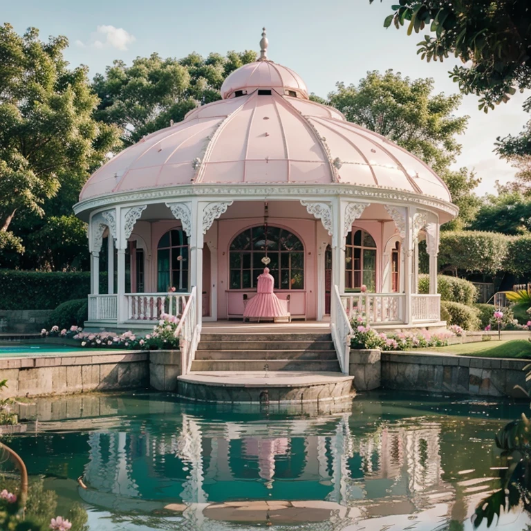 Play room,Paradise,amusement park,Elegant,pink,white flower,Ball house,pond
