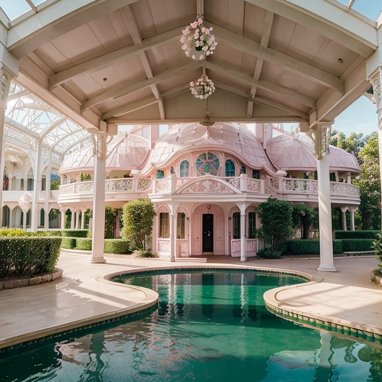 Play room,Paradise,amusement park,Elegant,pink,white flower,Ball house,pond