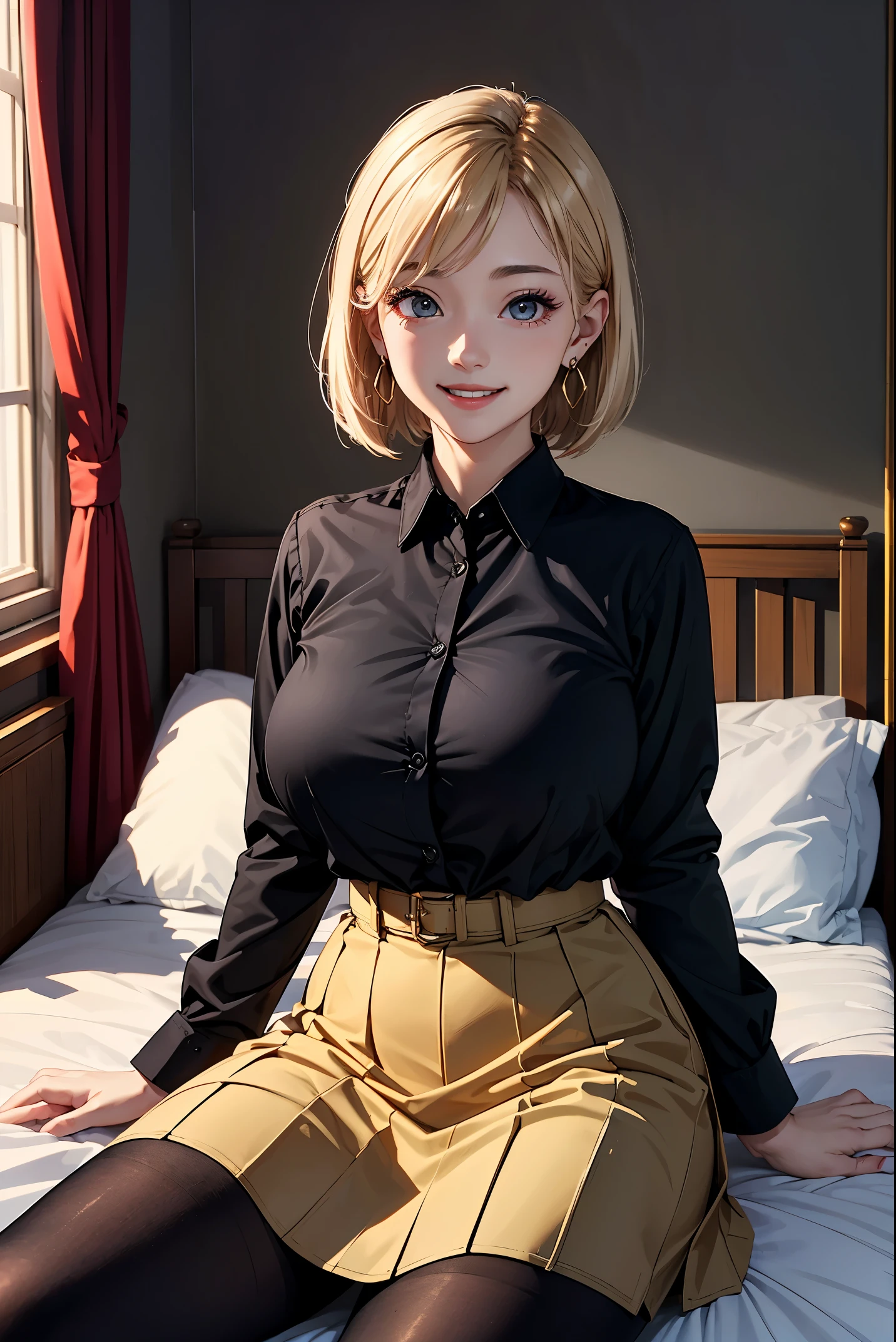(masterpiece:1.4)、(highest quality:1.4)、ultra high resolution、beautiful features、Advanced detail、20 year old woman、blonde short bob、earrings、black long sleeve collared shirt、Beige skirt、black tights、(huge breasts:1.1)、red face、smile、stand、hotel bedroom、bed、窓の外はnight景、night