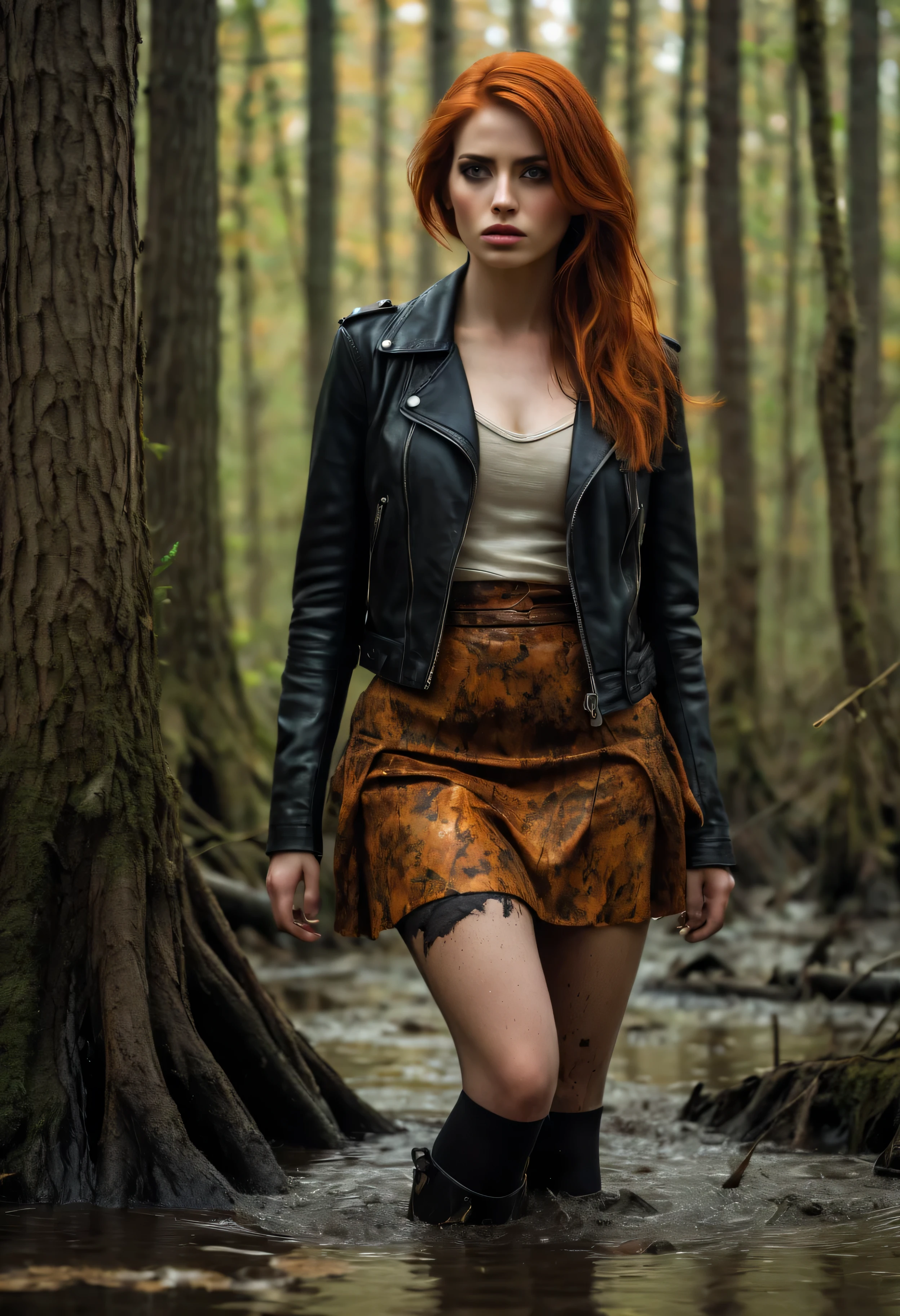 The woman is standing in a woods, her surroundings filled with tall trees and the rustling of leaves. She appears scared, her eyes wide and darting around as if searching for something. The muddy swamp beneath her feet poses a great danger, and she seems to be slowly sinking, as if drowning in the thick muck.
Despite her precarious situation, her appearance is striking. She is wearing a pencil skirt, adding a touch of elegance to her outfit. Her legs are adorned with stockings and garters, creating a bold and sensual look. To protect herself from the elements, she has on a leather jacket, which unfortunately has become muddy and dirty due to her struggle.
What stands out the most is her vibrant copper-red hair, cascading down her shoulders and framing her face. It adds a fiery and mysterious allure to her overall appearance.
The image should be of the best quality, with ultra-detailed and realistic features. The colors should be vivid, with a slight bokeh effect to enhance the focus on the woman. The lighting should be natural, casting a gentle glow on her face and illuminating the surrounding woods.
In this prompt, we can see a woman in a dire situation, surrounded by the beauty and danger of nature. Her mixture of fear and boldness is captured in her attire and expression. The contrast between her delicate features and the harshness of the swamp creates a visually compelling image.