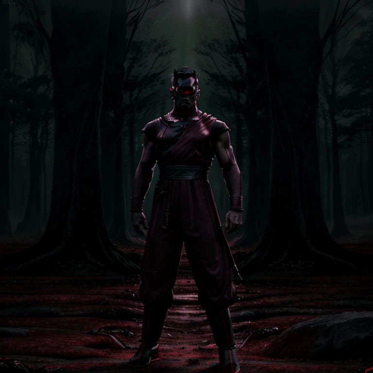 A futuristic warrior stands tall in the midst of a dark and foreboding forest, his black and red  clothes blending seamlessly with the shadows. 