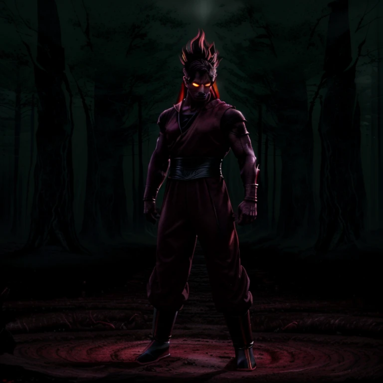 A futuristic warrior stands tall in the midst of a dark and foreboding forest, his black and red  clothes blending seamlessly with the shadows. 