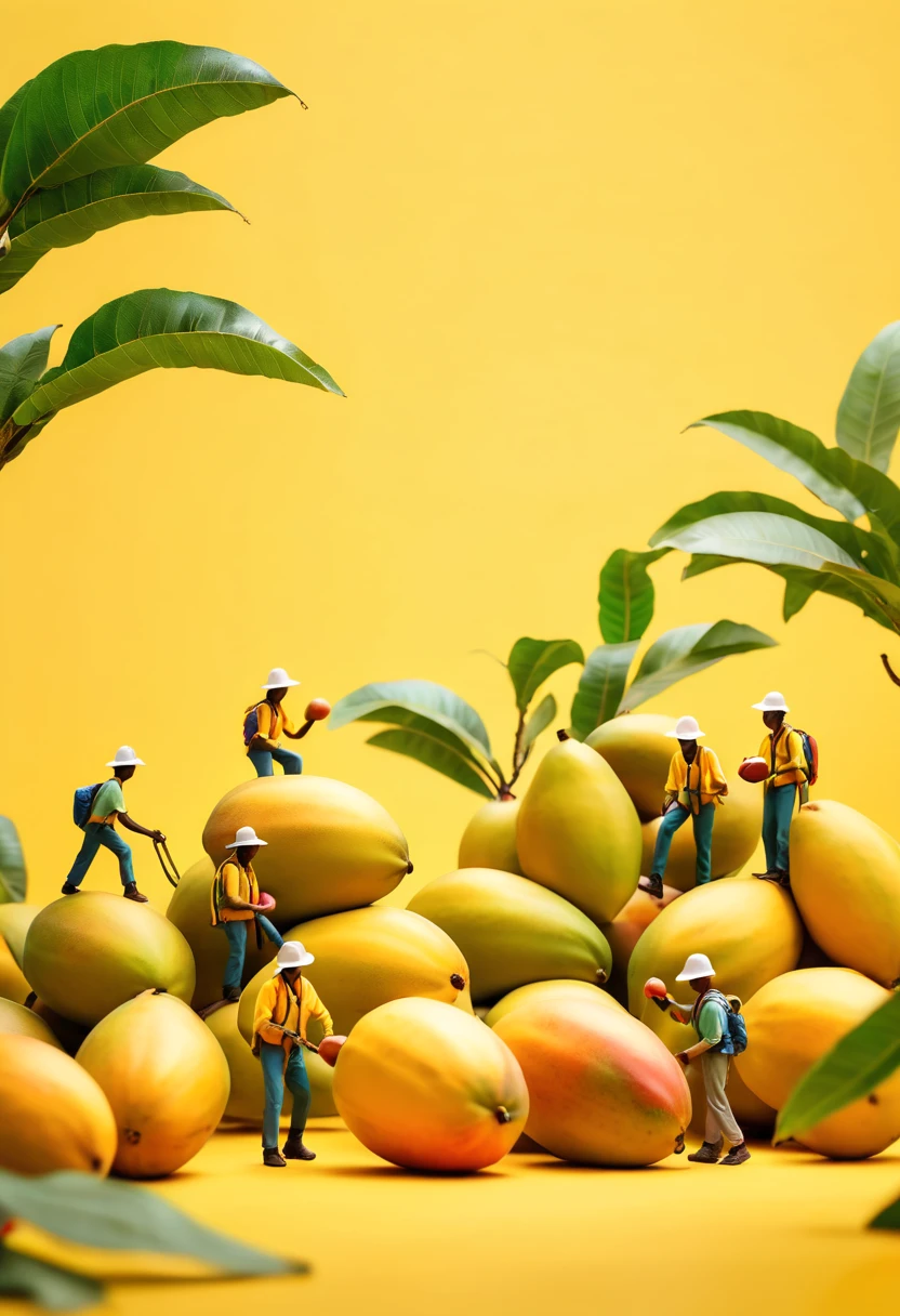 miniature food photography, A group of picking workers, hiking among giant Mango,yellow background, soft color blending,in a surreal photography style, bright studio light, minimalist