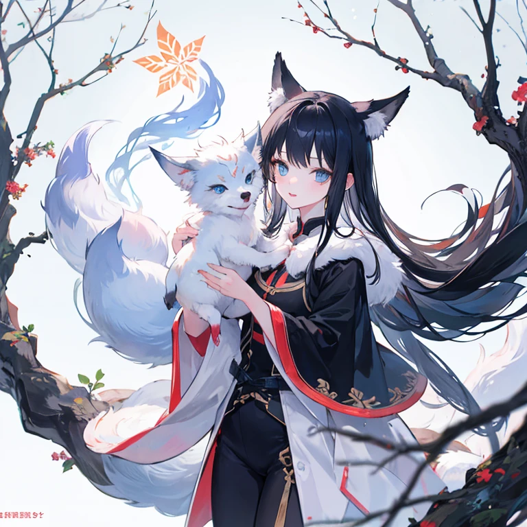 A very cute little girl,Long black hair and blue eyes,nine-tailed fox,Tianshan Snowy Area,Little fox fairy